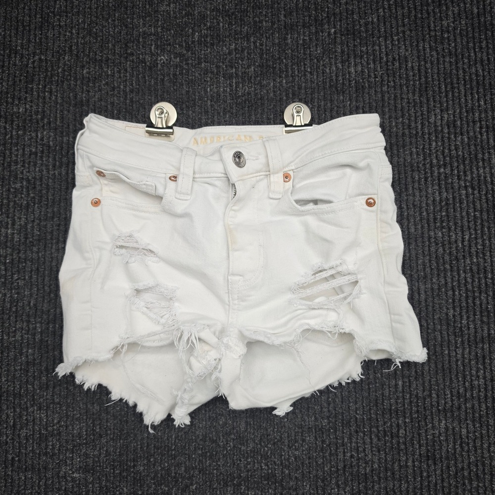 American Eagle Hi-Rise Shortie White Distressed Denim Shorts Size 00 Stretch